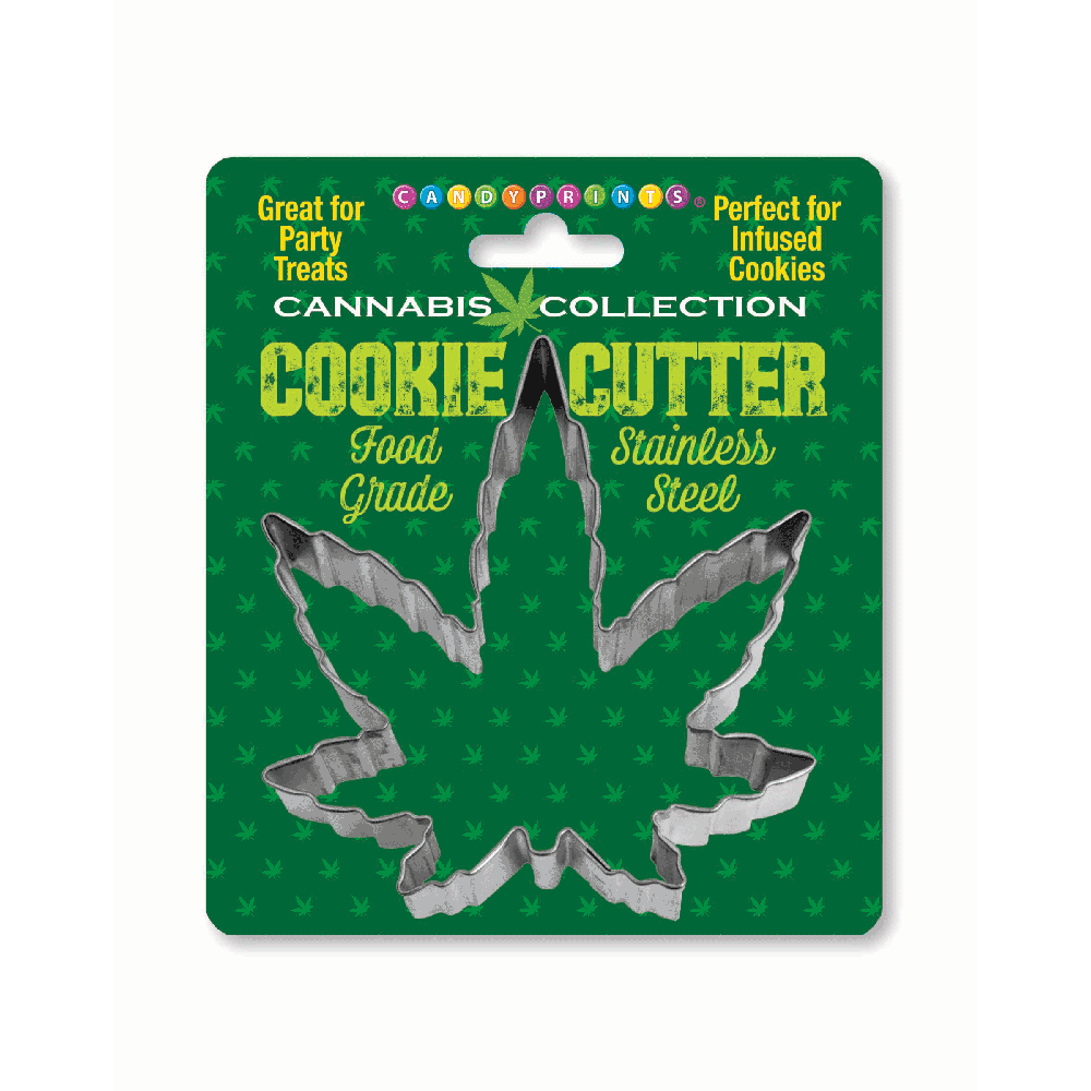 A 4-inch cannabis leaf shaped cookie cutter made of stainless steel.