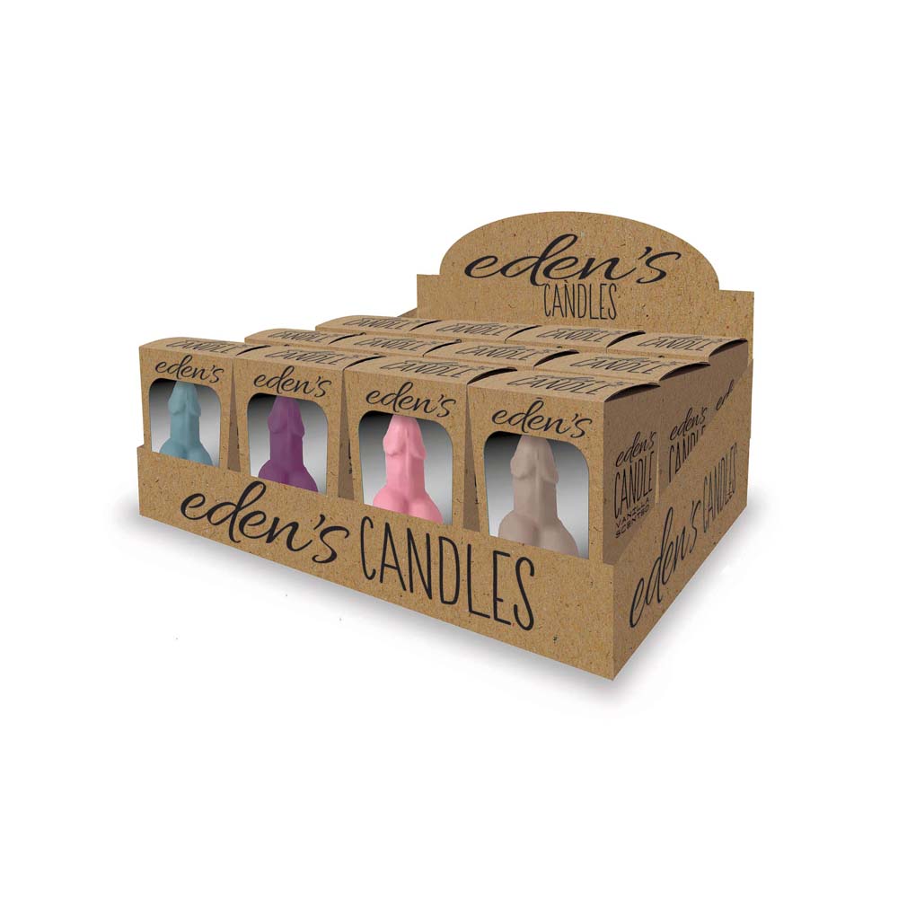 A display of four penis-shaped vanilla scented candles in blue, purple, pink, and beige.