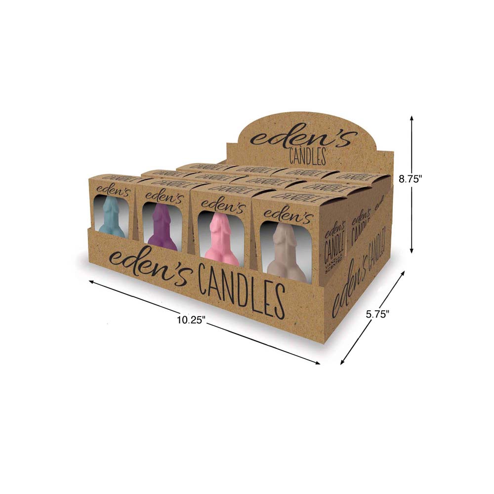 A display box of four different colored novelty candles with "eden's CANDLES" branding.