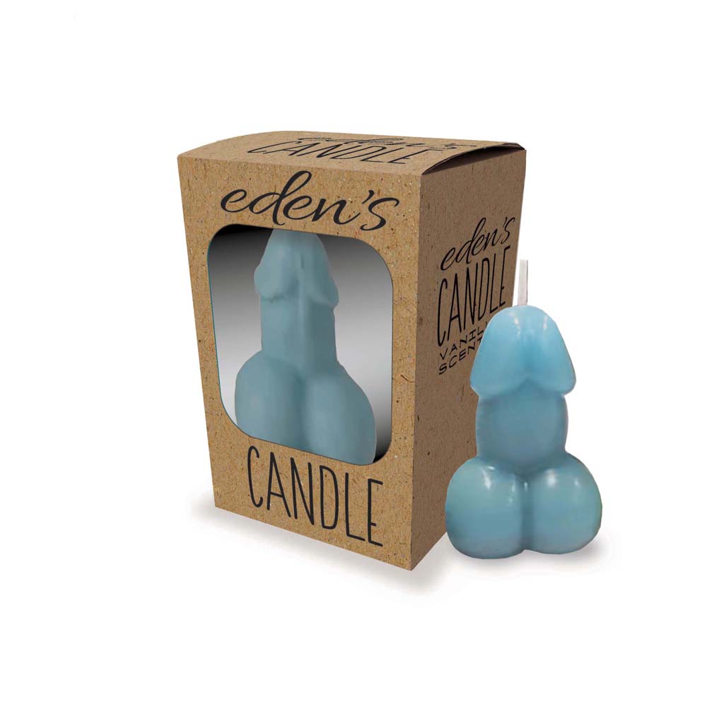 A blue penis-shaped candle in its cardboard packaging.