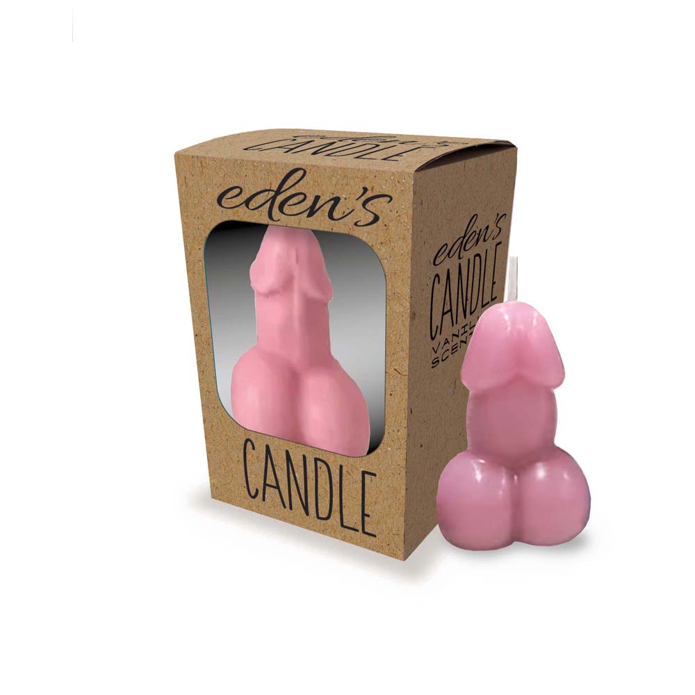 Pink penis-shaped candle in its packaging with another candle beside it.