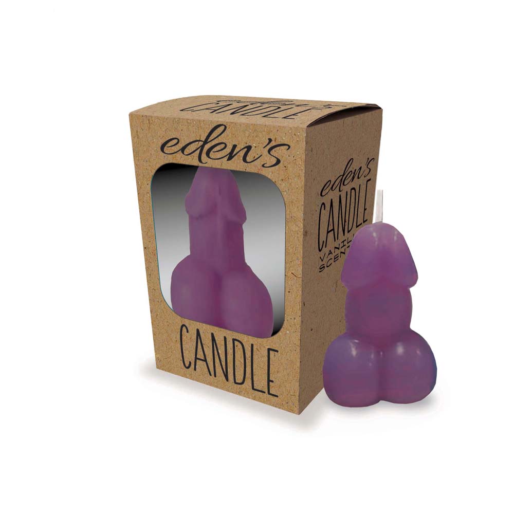 A purple penis-shaped candle in its cardboard packaging.