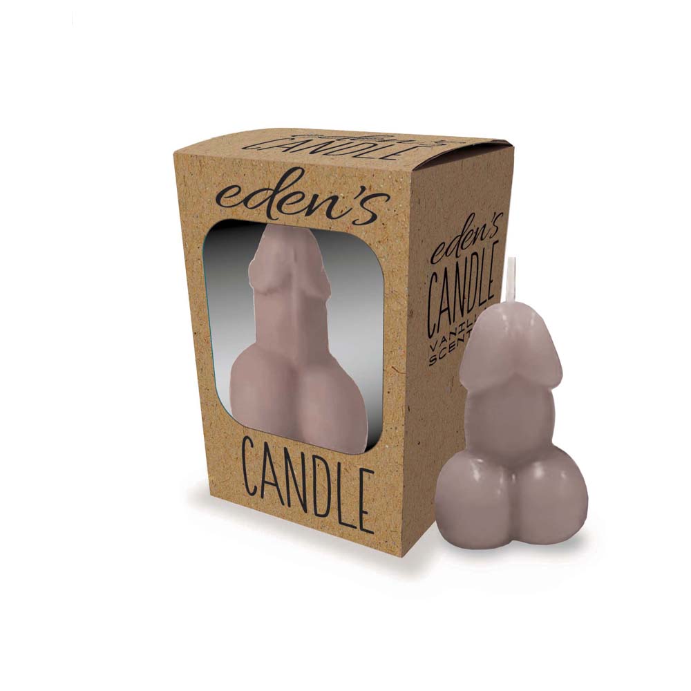 A taupe penis-shaped candle with a vanilla scent sits next to its display box.