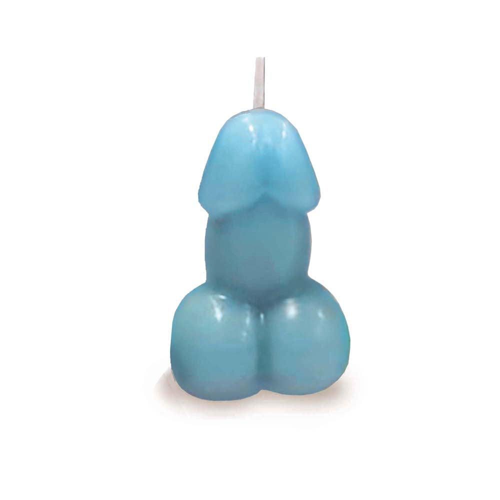 Blue vanilla-scented novelty candle shaped like a penis with wick on top.