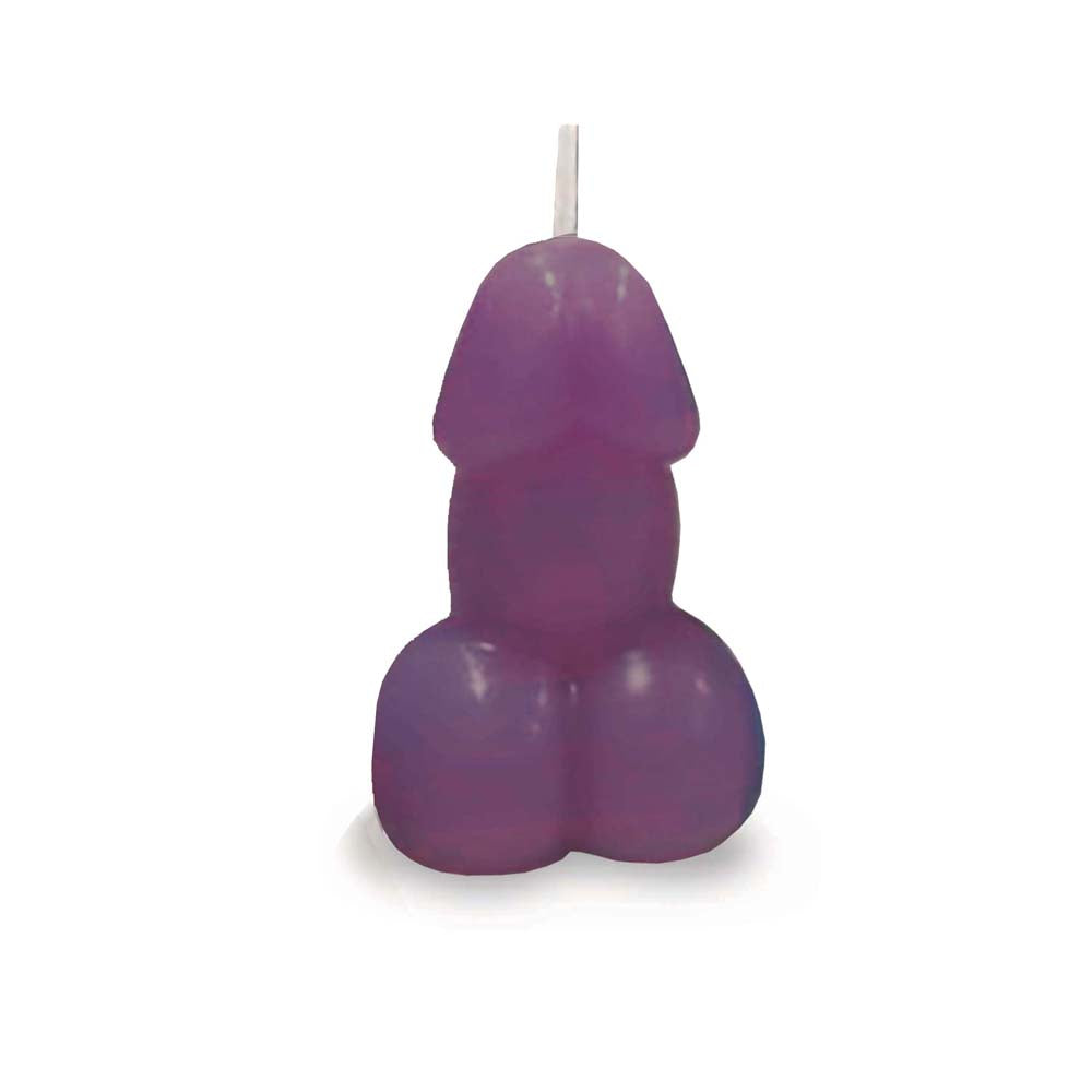 Purple novelty candle shaped like a penis with a white wick.