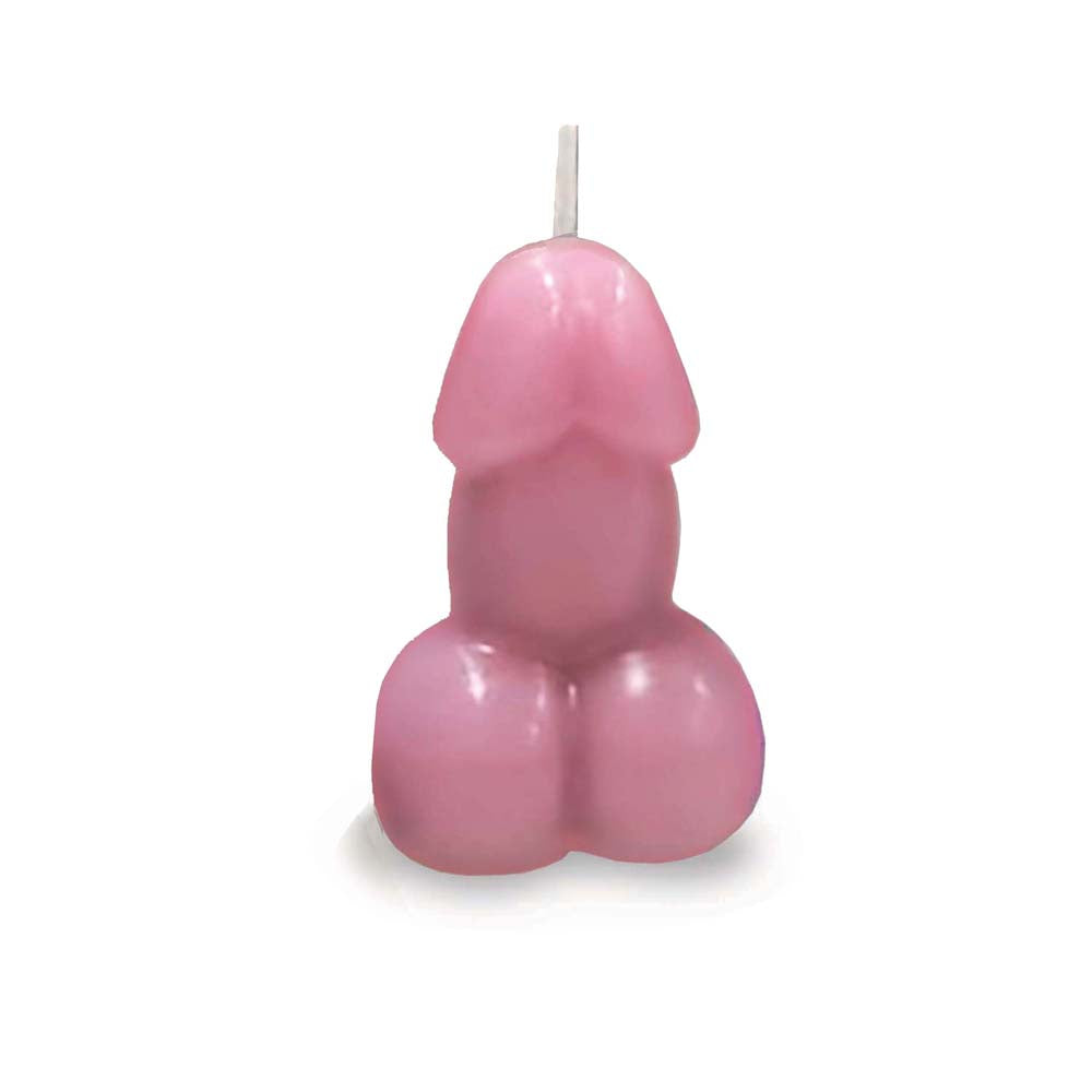 Pink vanilla-scented novelty candle shaped like a penis with a wick on top.
