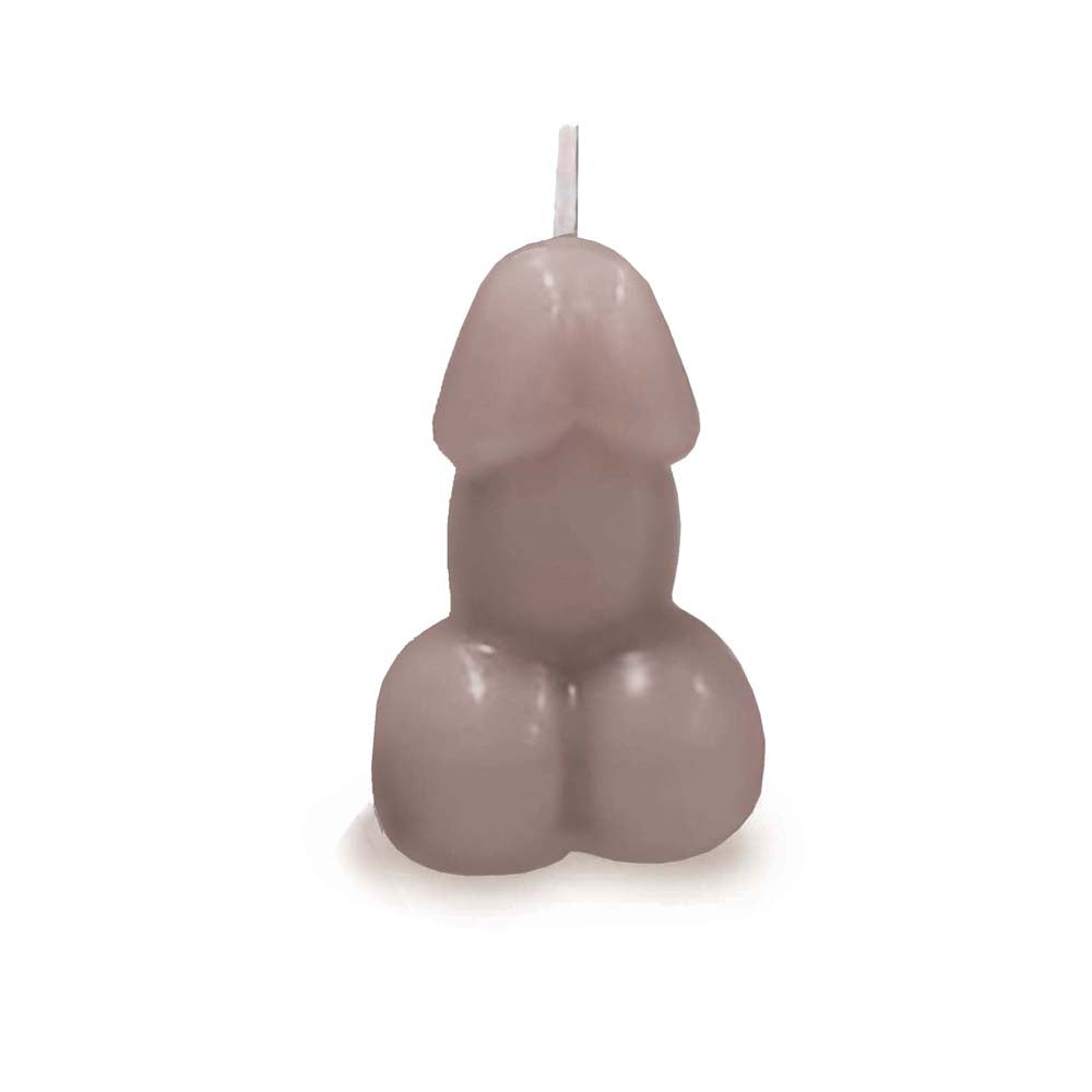 A taupe penis-shaped vanilla scented novelty candle with a wick on top.