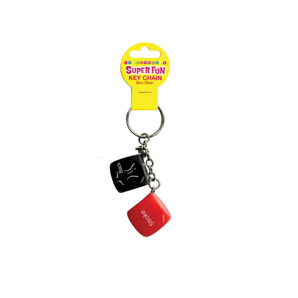 A novelty keychain with two dice, one black with "Back" and one red with "Stroke".