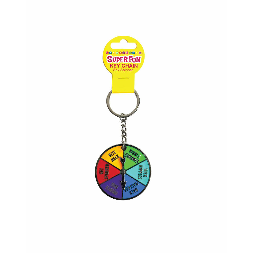 A novelty keychain with a spinner that has various action prompts.
