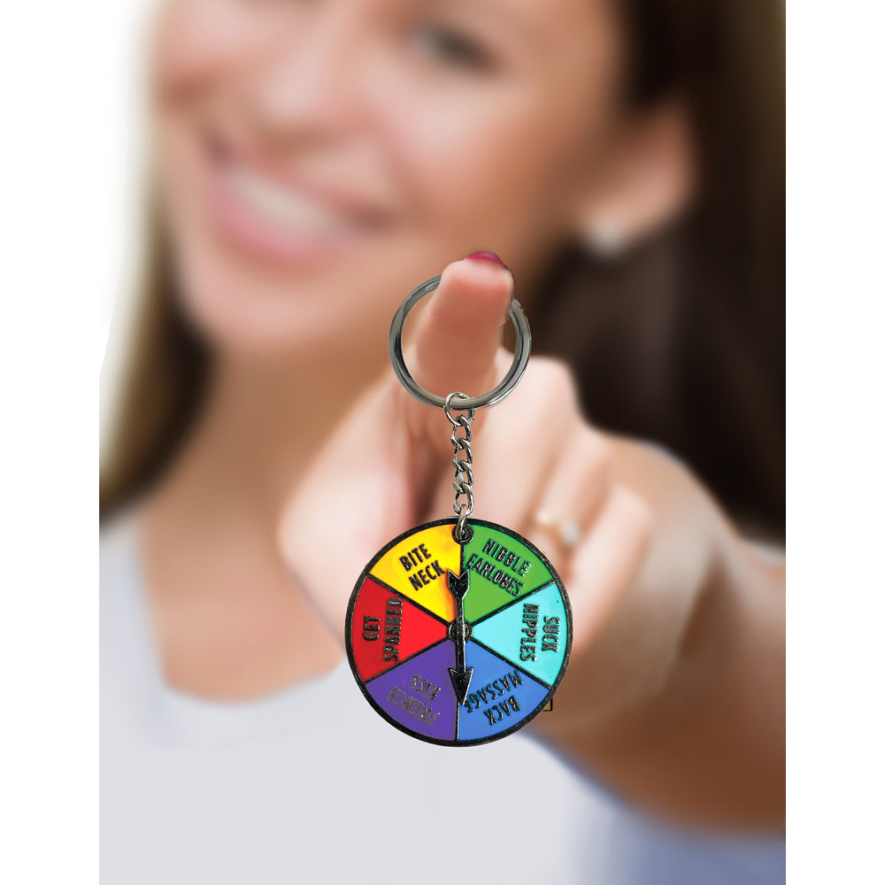 A novelty keychain with a spinner featuring various action prompts.