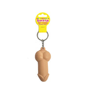 A squishy penis-shaped keychain with a yellow "Super Fun Key Chain" tag.