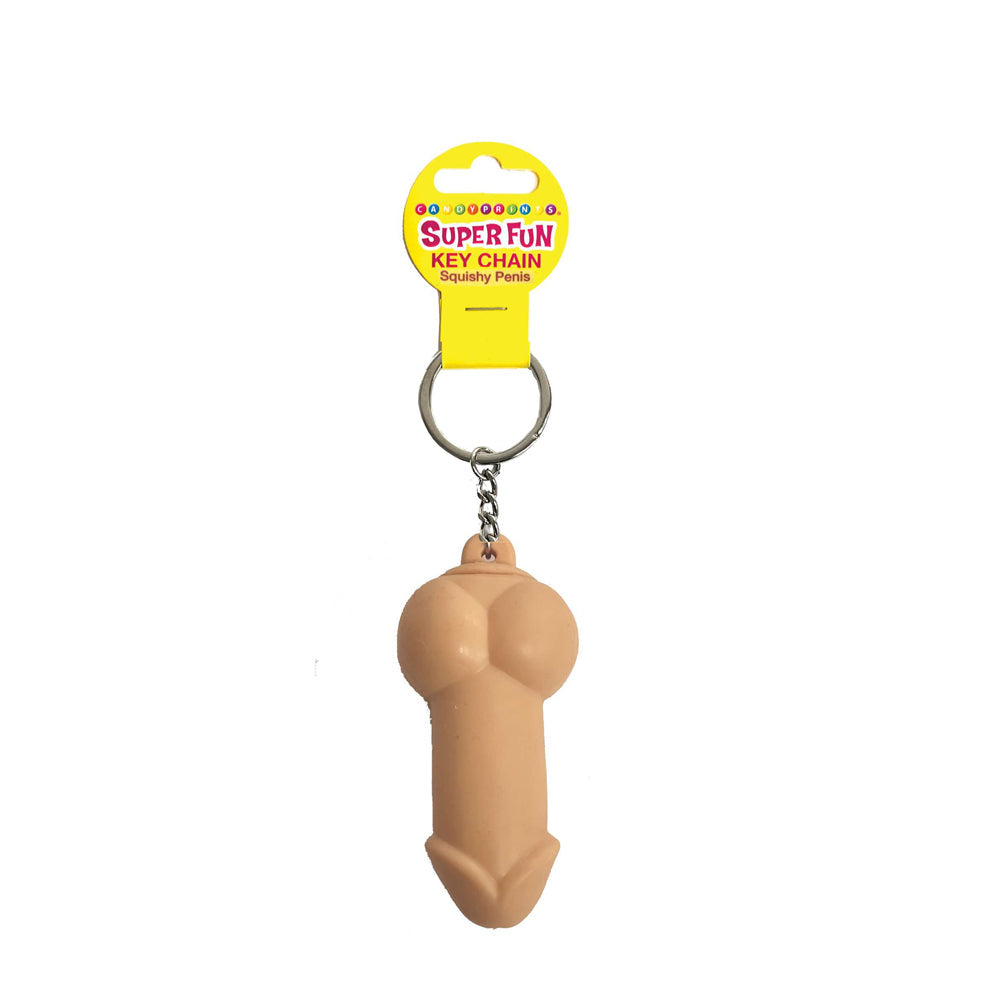 A squishy penis-shaped keychain with a yellow "Super Fun Key Chain" tag.
