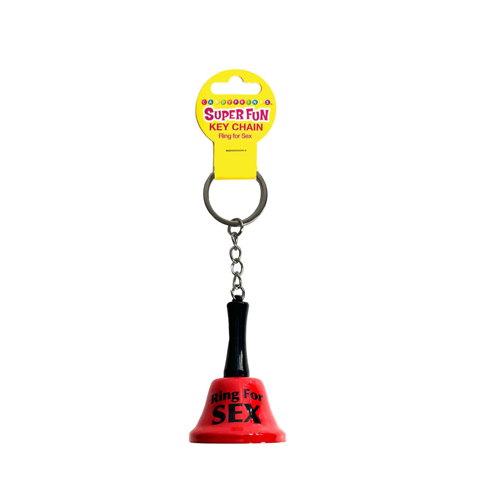 Red bell keychain with "Ring For SEX" text and a yellow "Super Fun Key Chain" tag.