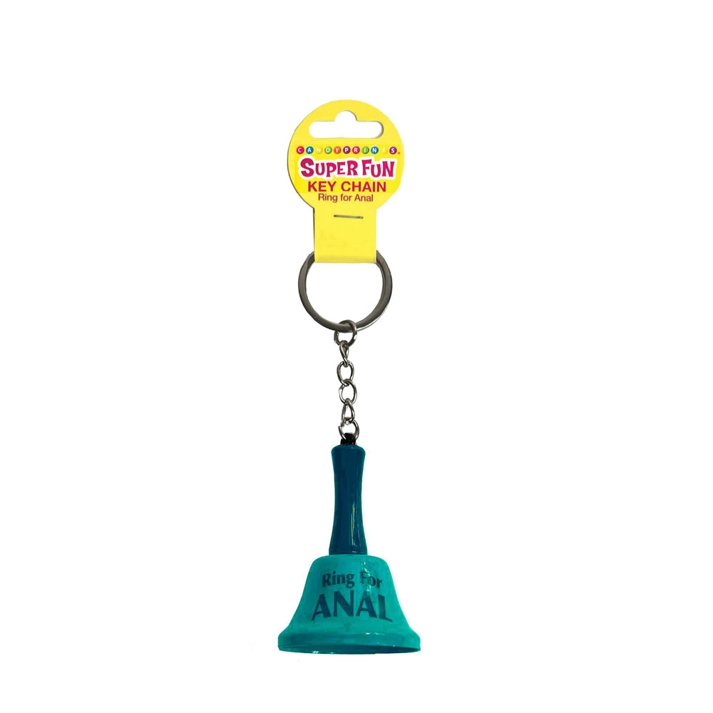 A novelty keychain with a bell that says "Ring for Anal".