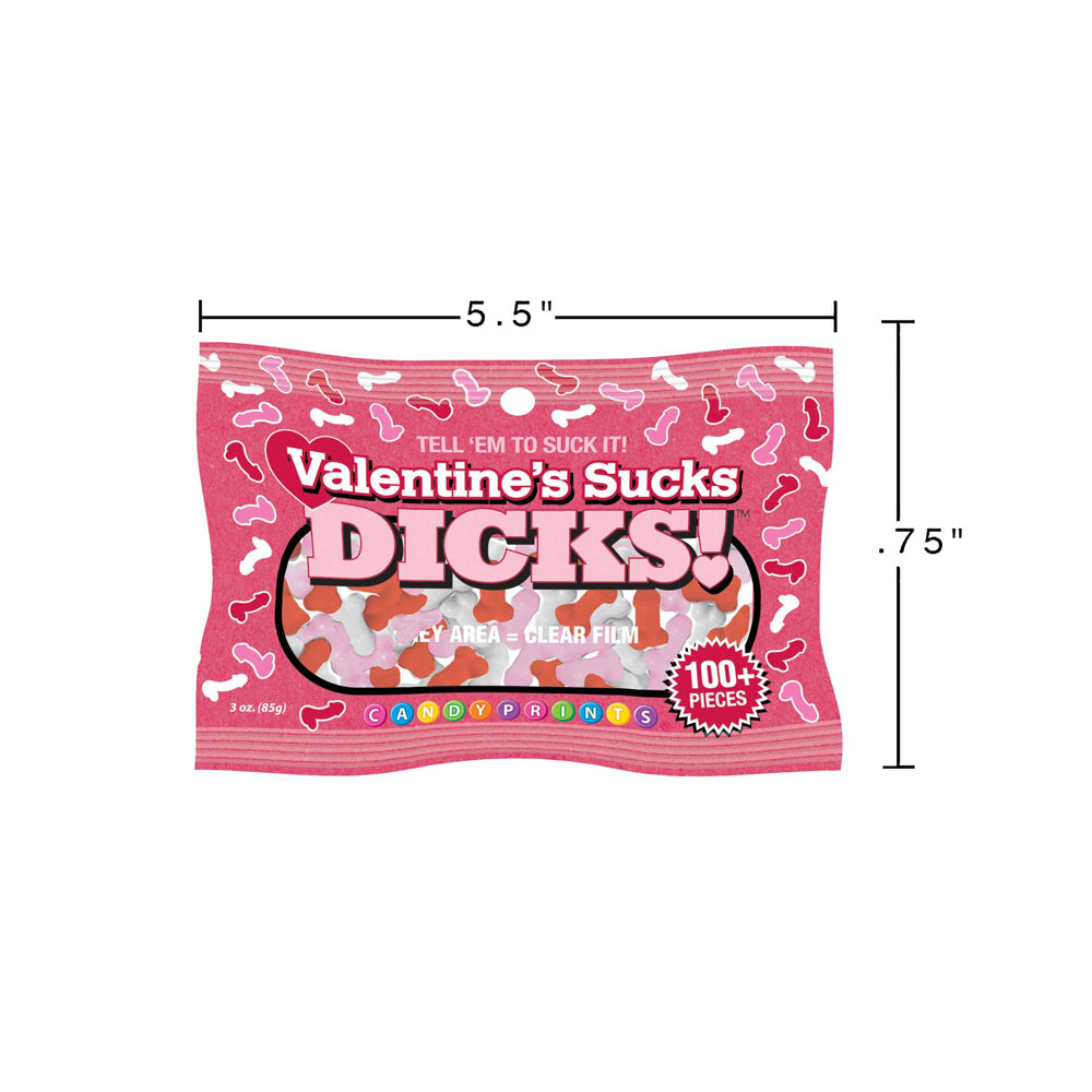 Bag of novelty candy with phallic shapes and "Valentine's Sucks Dicks" text.