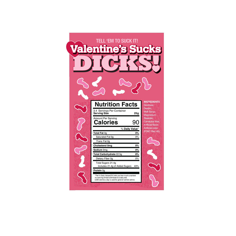 Valentine's Sucks Dicks novelty candy display with nutrition facts.