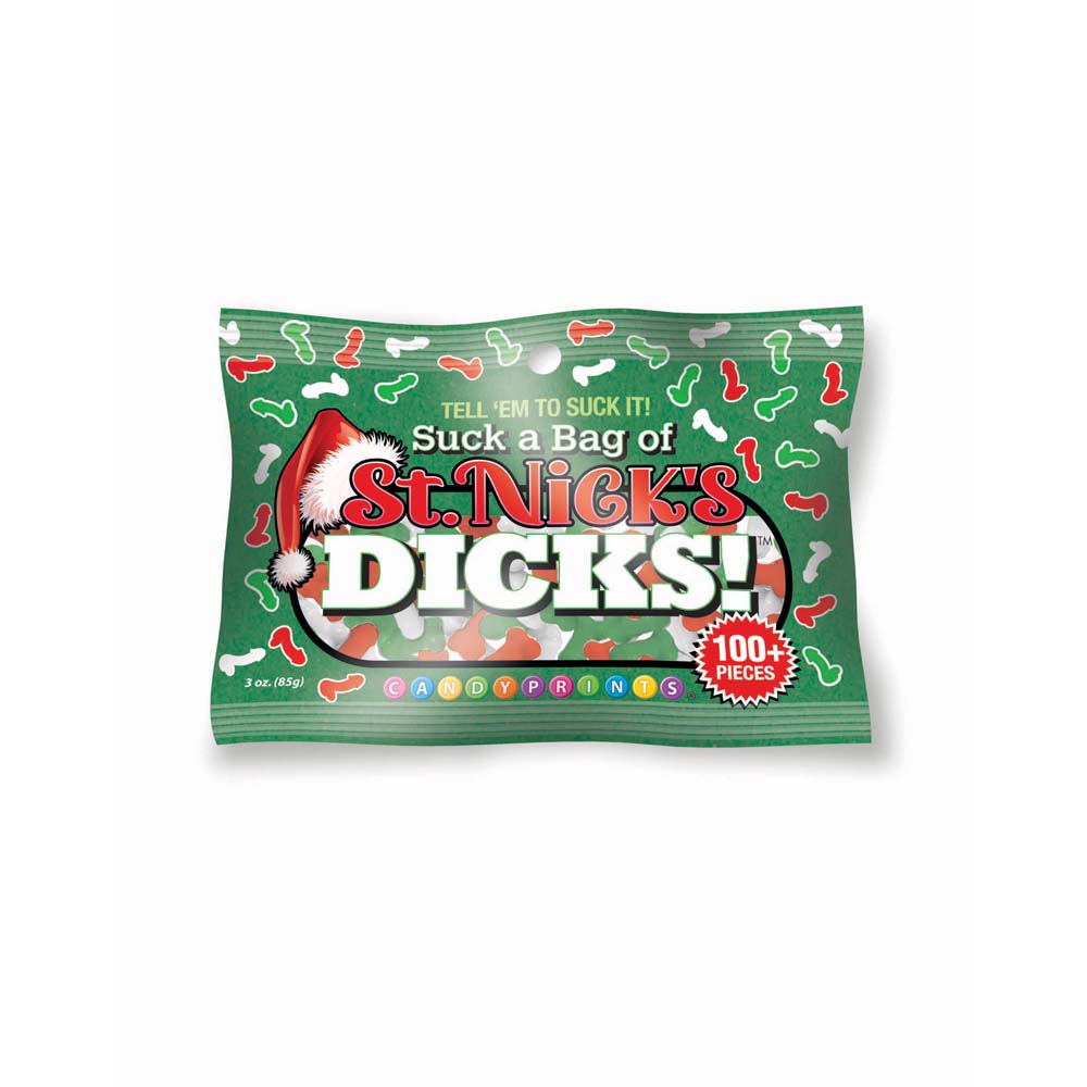 A bag of green holiday candy with phallic shapes and "St. Nick's Dicks" printed on it.