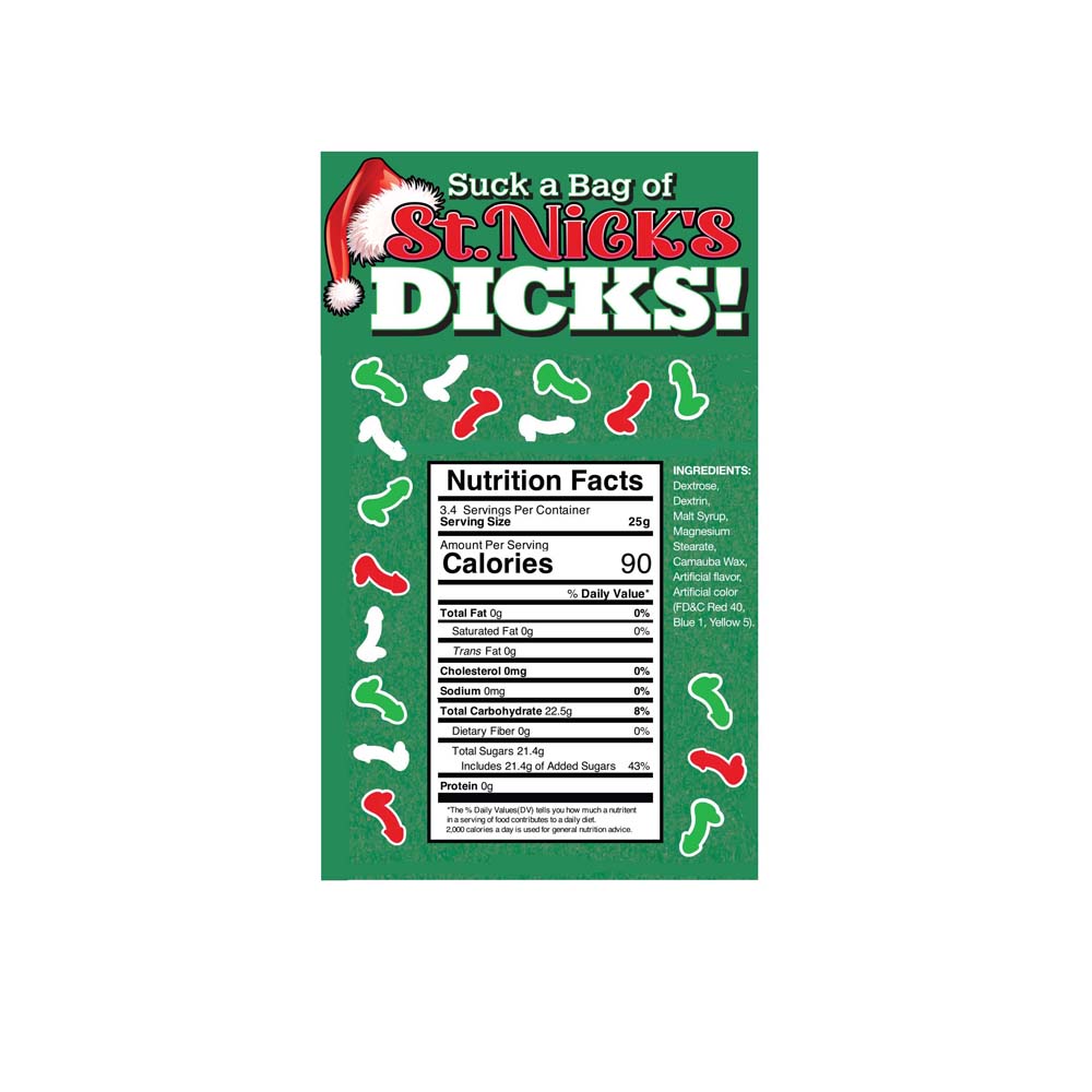 A bag of St. Nick's Dicks holiday candy with nutrition facts.