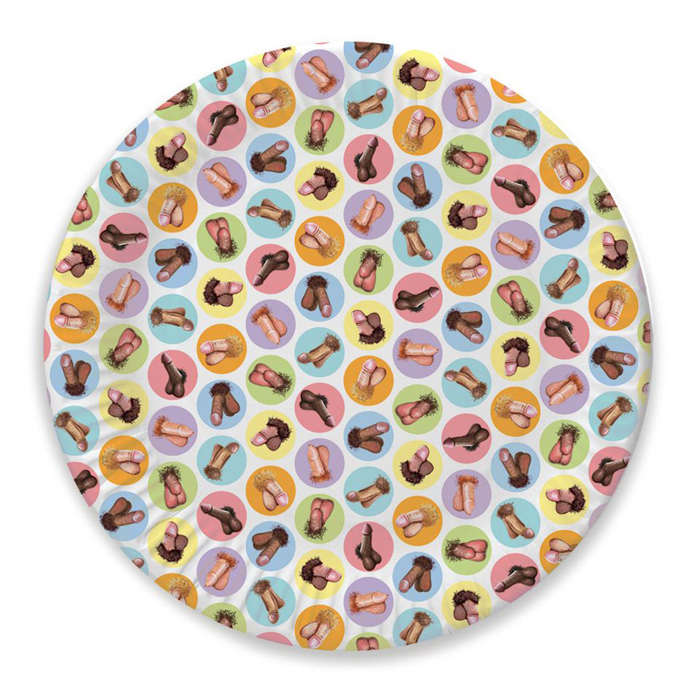 Round paper plates with a pattern of cartoon penises on colorful circles.