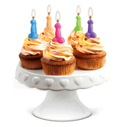 Five colorful penis-shaped candles on cupcakes.