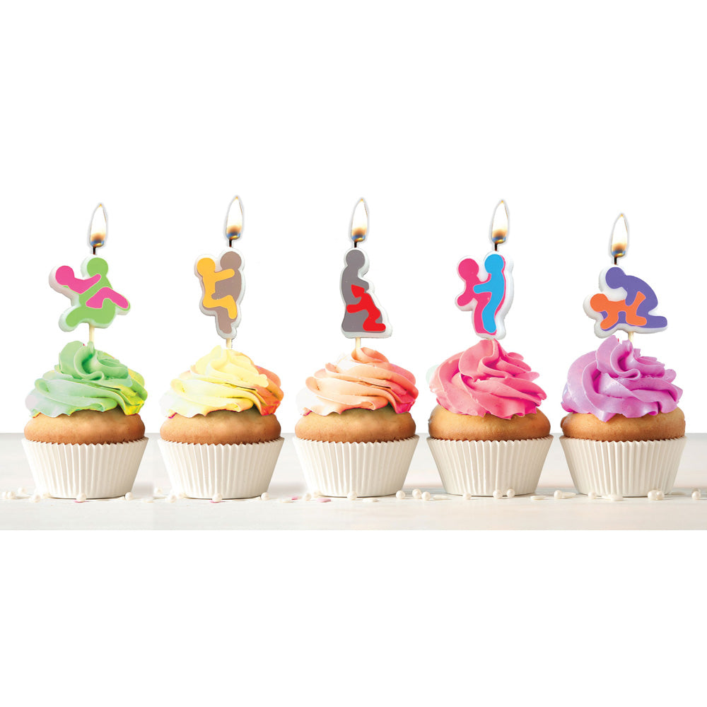 Five novelty candles depicting sexual positions on cupcakes.