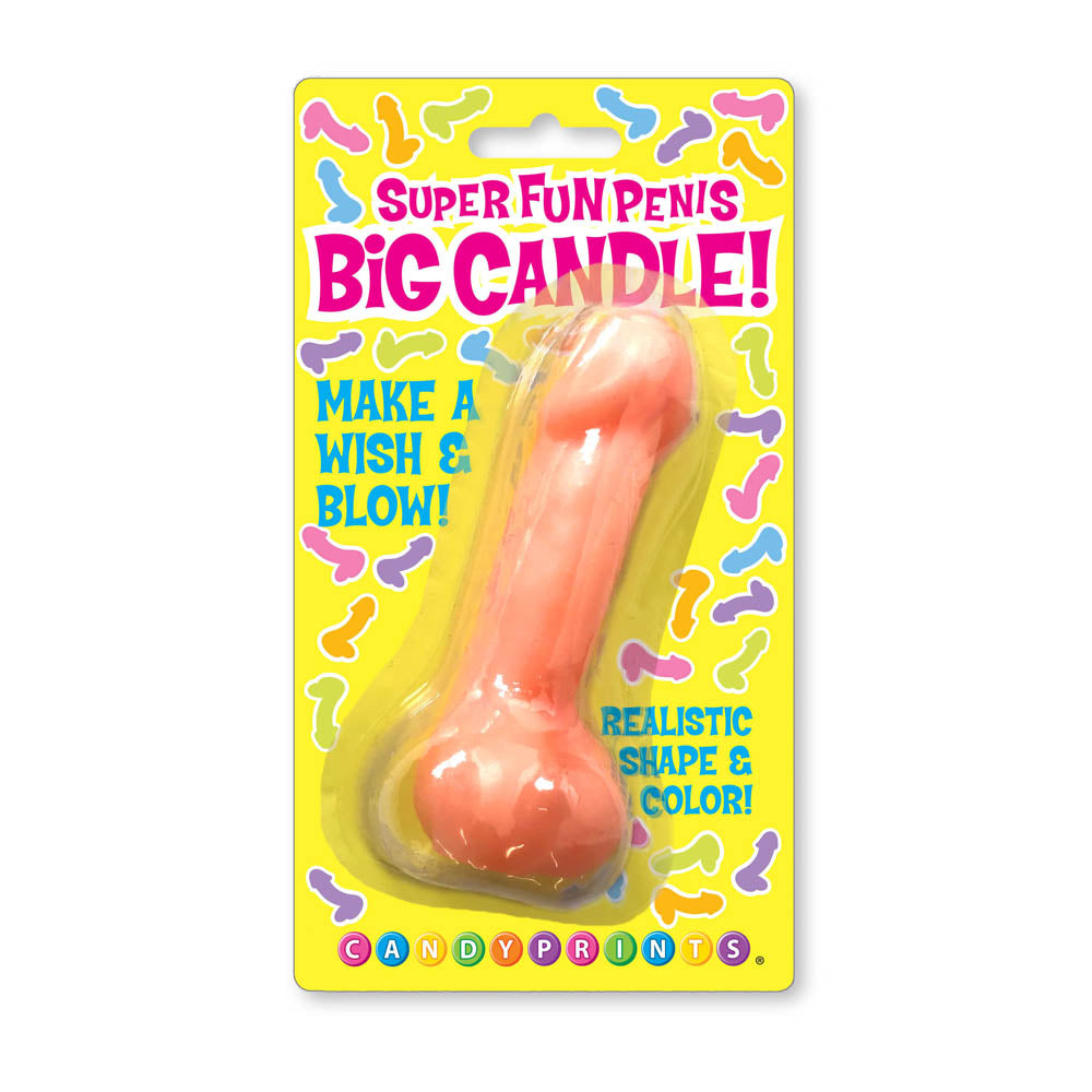 A 4-inch pink novelty penis-shaped birthday candle in yellow packaging.