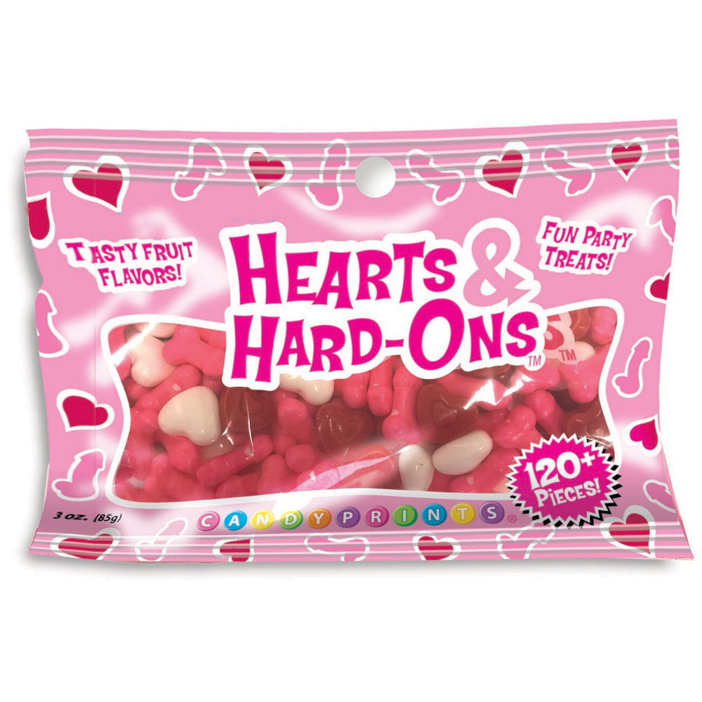 Bag of heart and penis shaped candies with "Hearts & Hard-Ons" text.