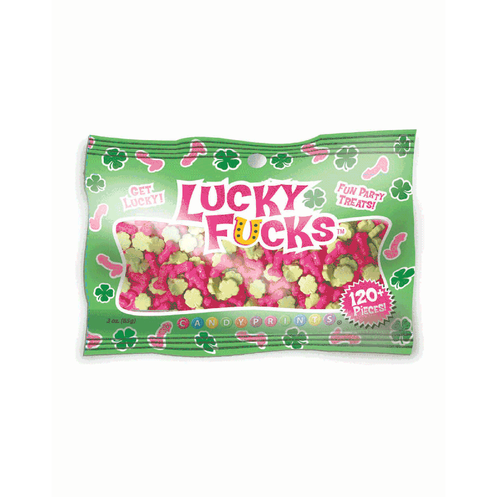 Bag of pink and green fruit-flavored novelty candies shaped like penises and shamrocks.