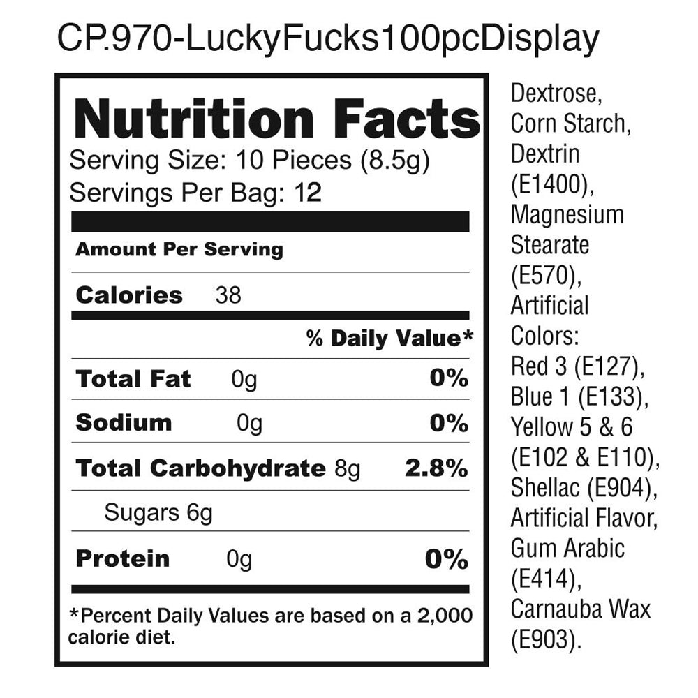 Nutrition facts label for Lucky Fucks novelty candy.