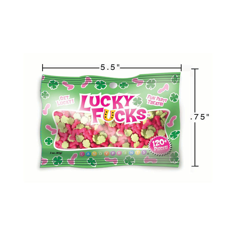 Bag of pink and green fruit-flavored novelty candies shaped like penises and shamrocks.