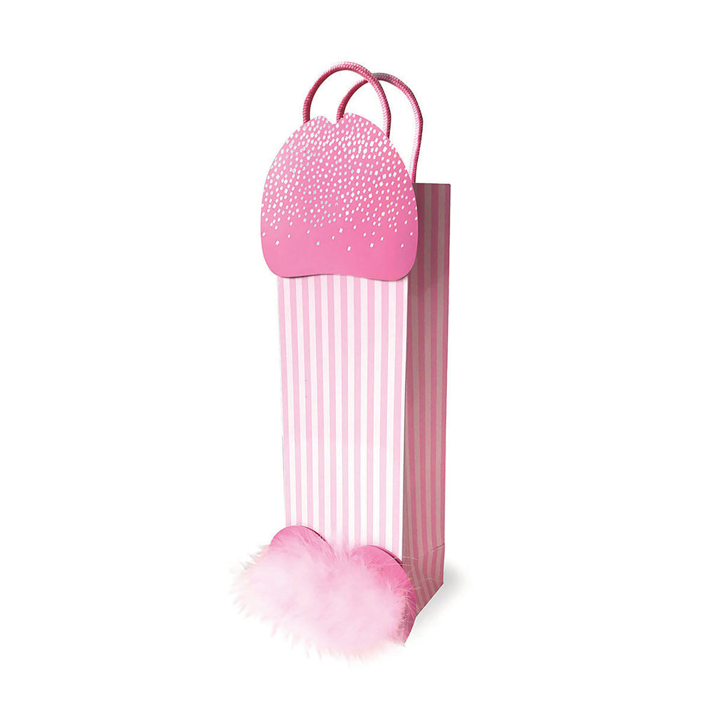Pink penis-shaped gift bag with stripes and pink feathers.