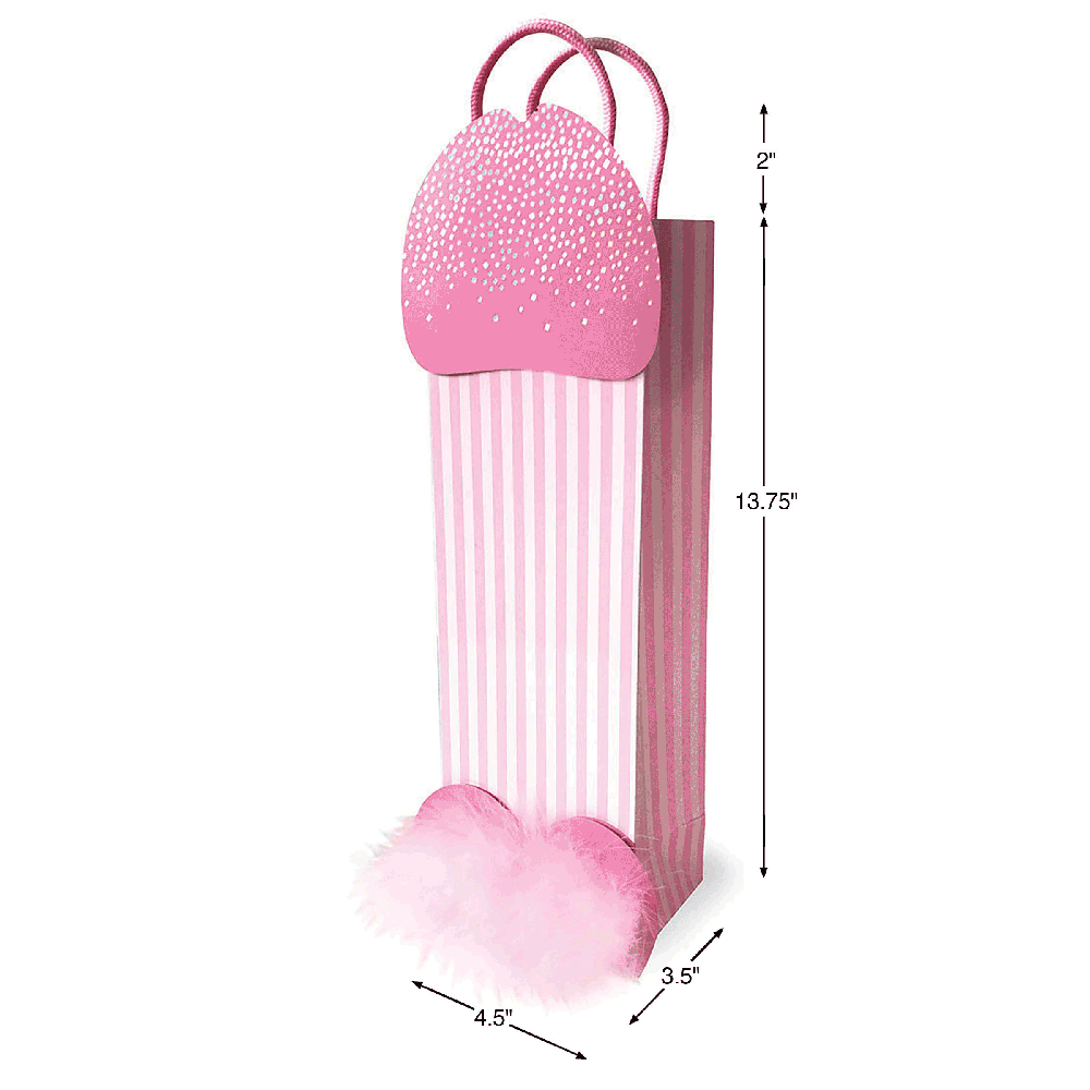 Pink penis-shaped gift bag with stripes and pink marabou feathers.