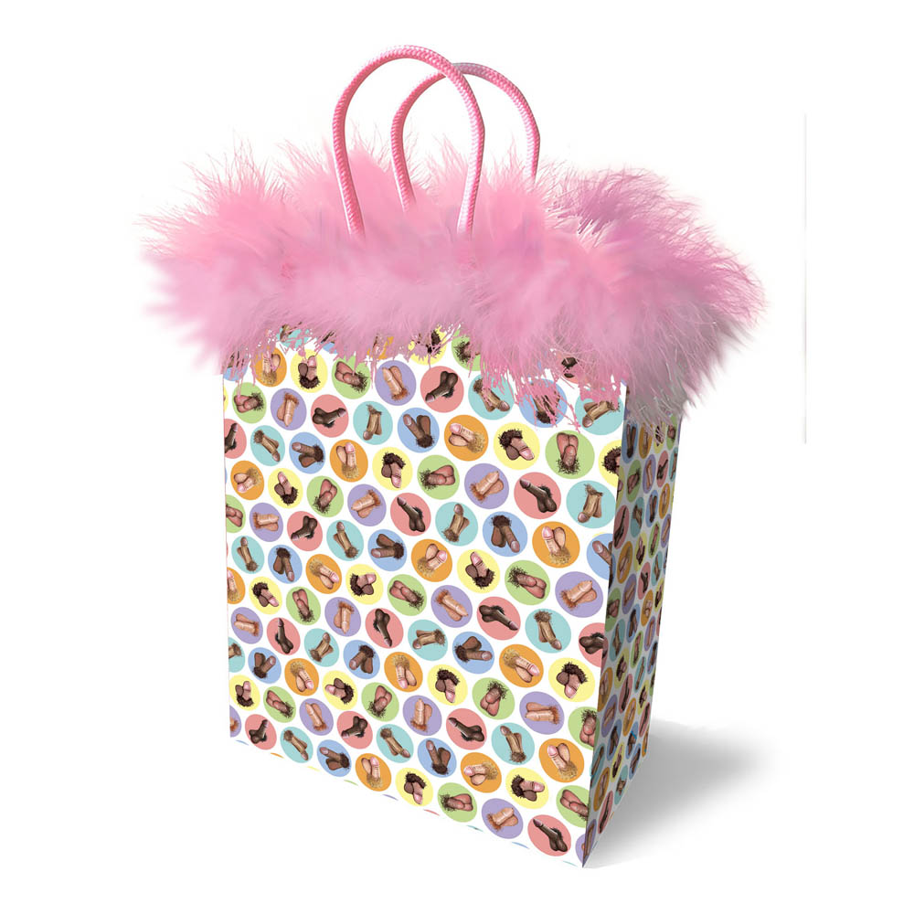 Gift bag with penis pattern and pink feather trim.