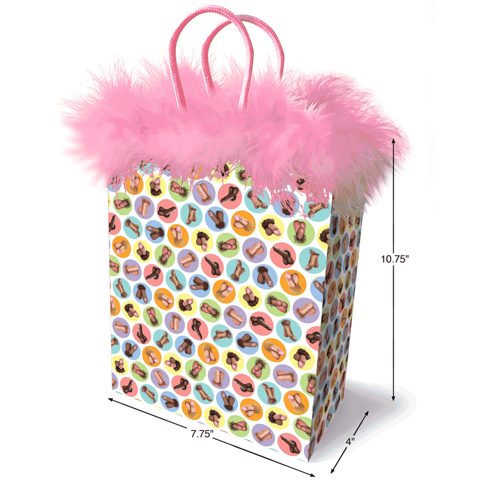 A gift bag with a penis print and pink feather trim.