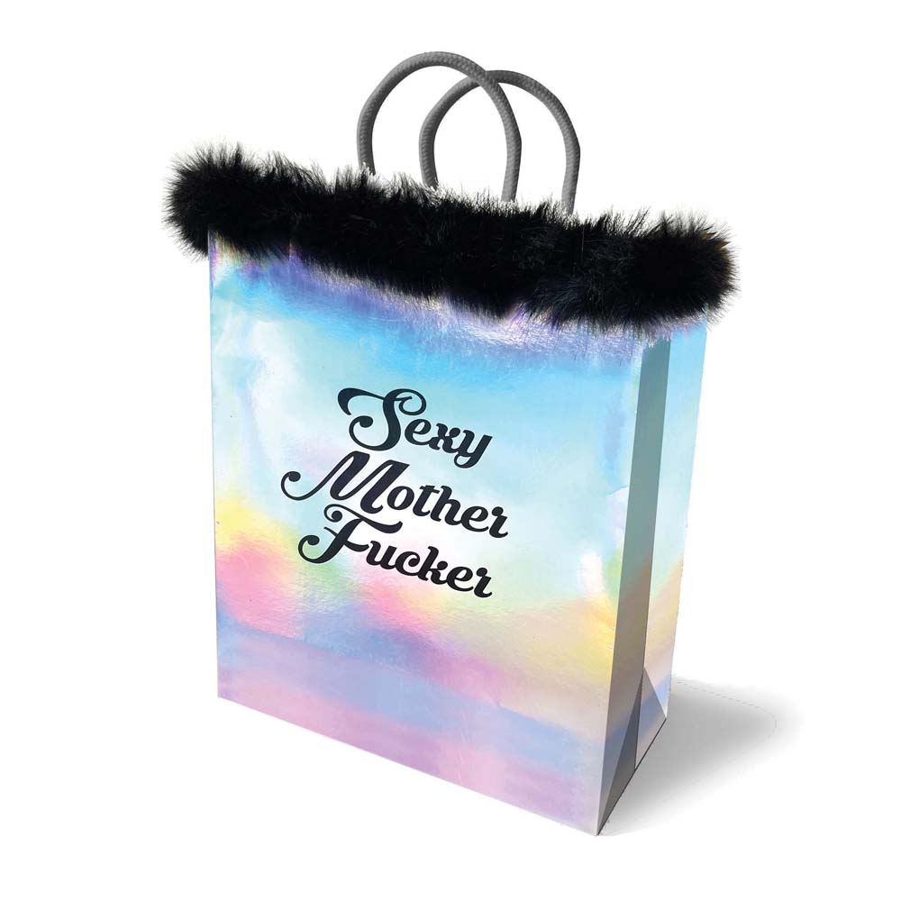 Iridescent gift bag with black marabou trim and "Sexy Mother Fucker" text.