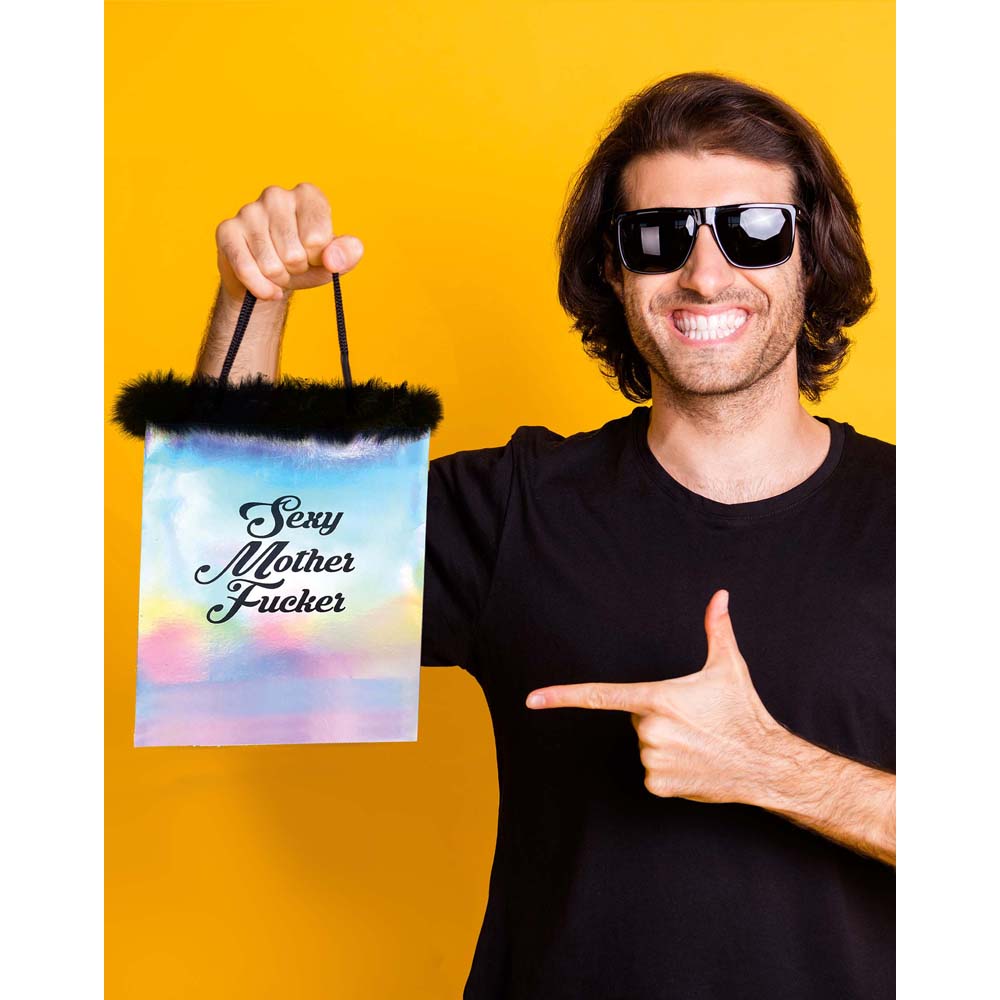 Iridescent gift bag with "Sexy Mother Fucker" text and marabou trim.