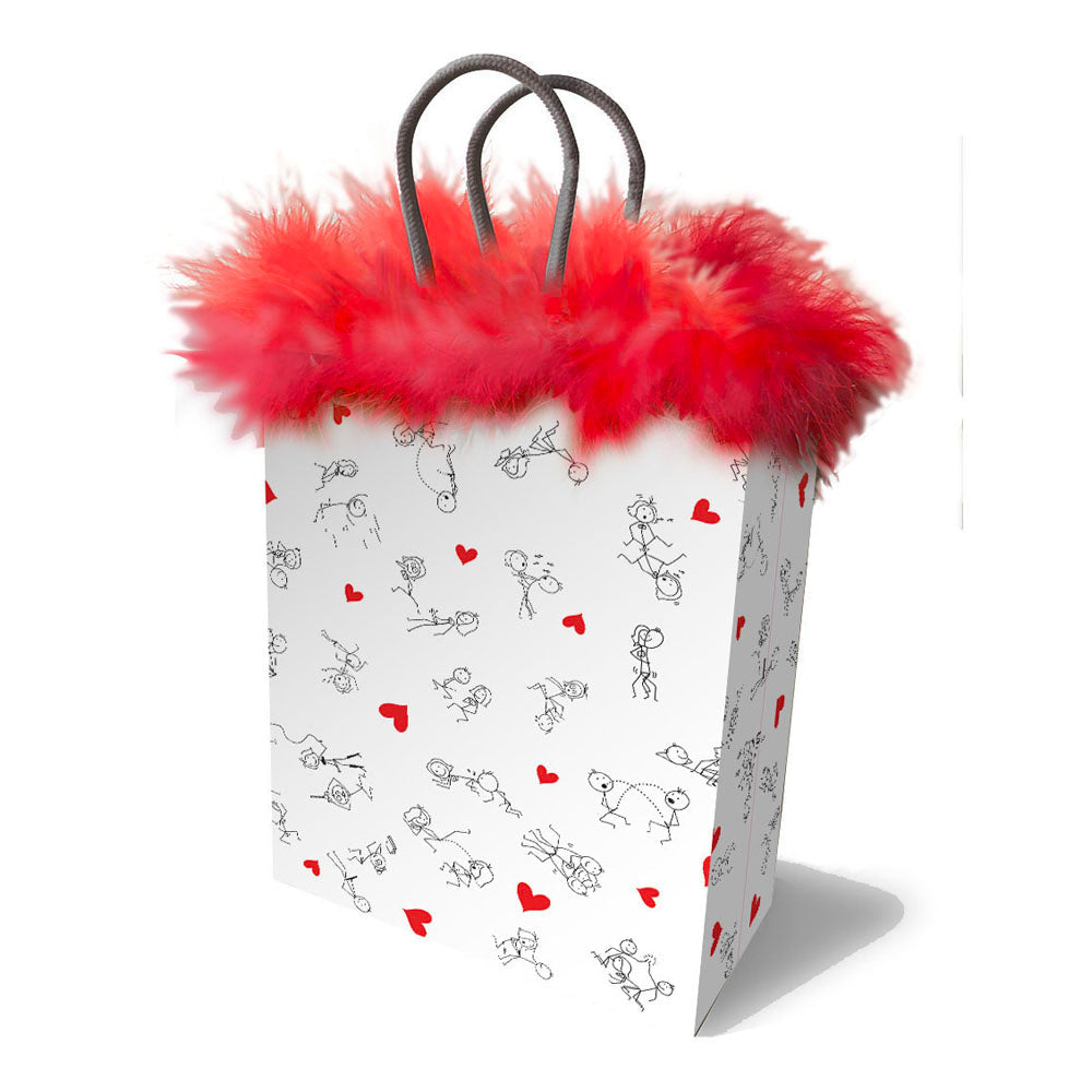 Gift bag with naughty stick figures and red marabou fringe.