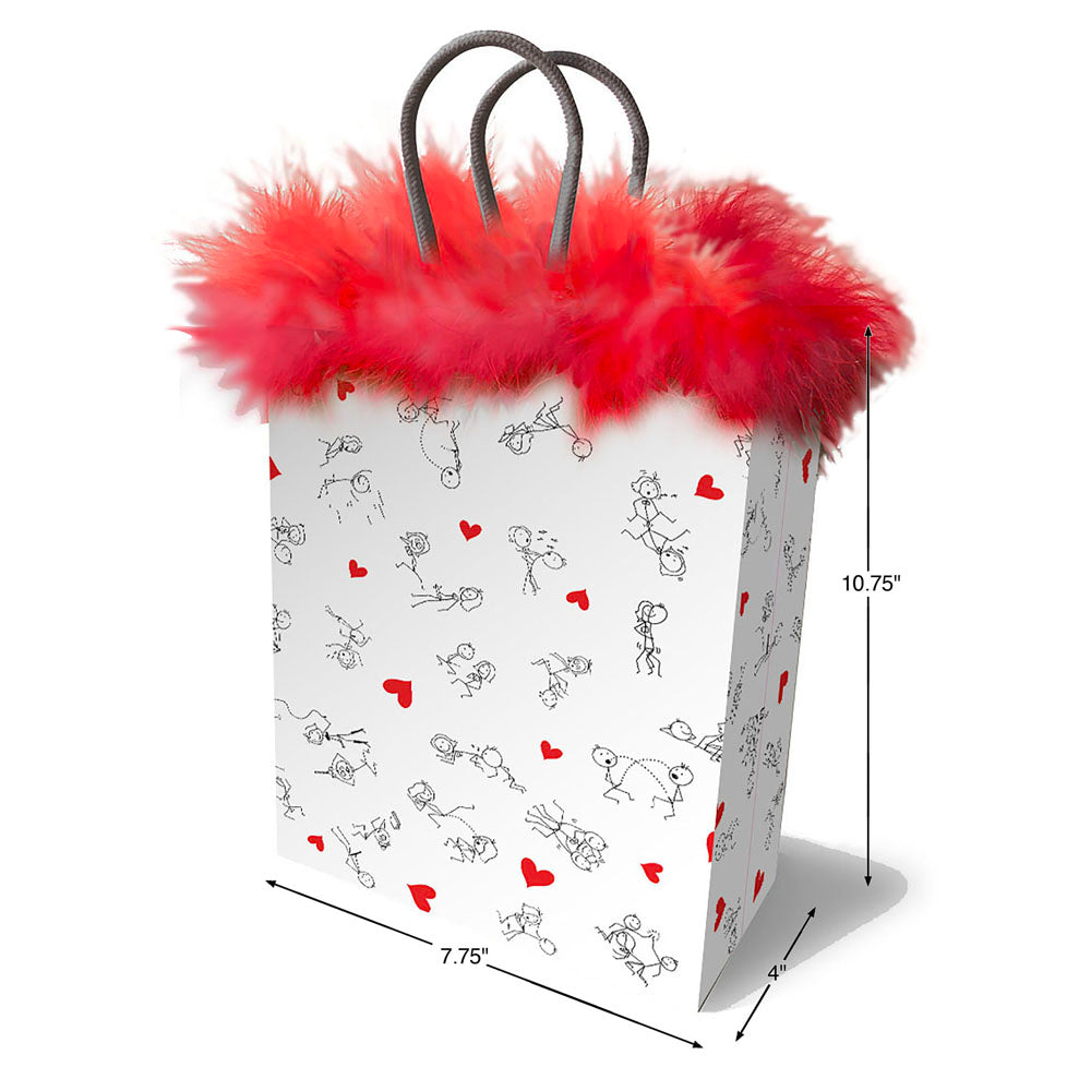 Gift bag with naughty stick figures and red marabou fringe.