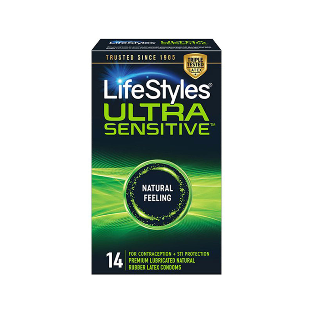 Box of 14 Lifestyles Ultra Sensitive natural feeling lubricated latex condoms.