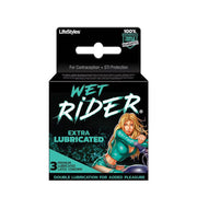 Wet Rider Extra Lubricated Latex Condoms with a woman on a motorcycle.