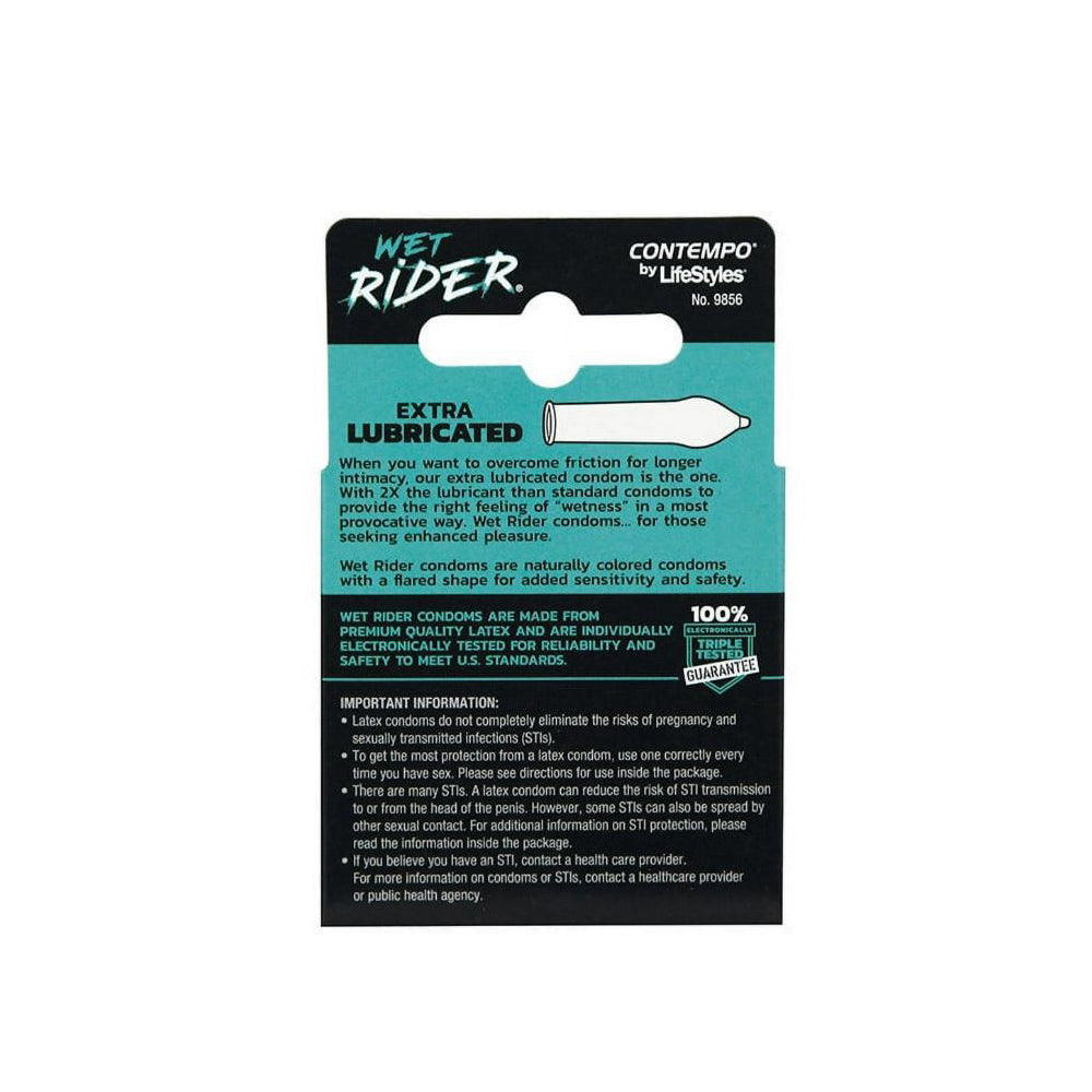 Wet Rider Extra Lubricated Latex Condoms with a flared shape.