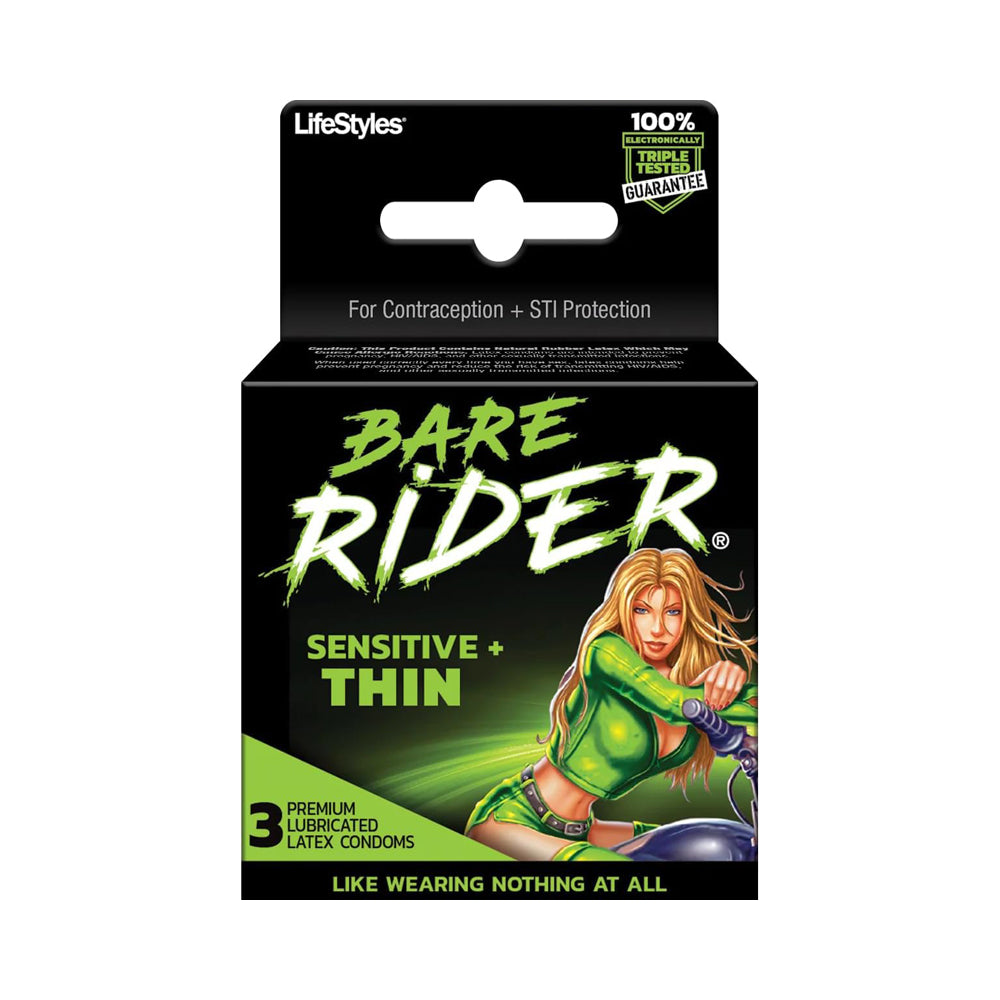 Bare Rider Thin Latex Condoms, 3-pack, with a woman on a motorcycle.