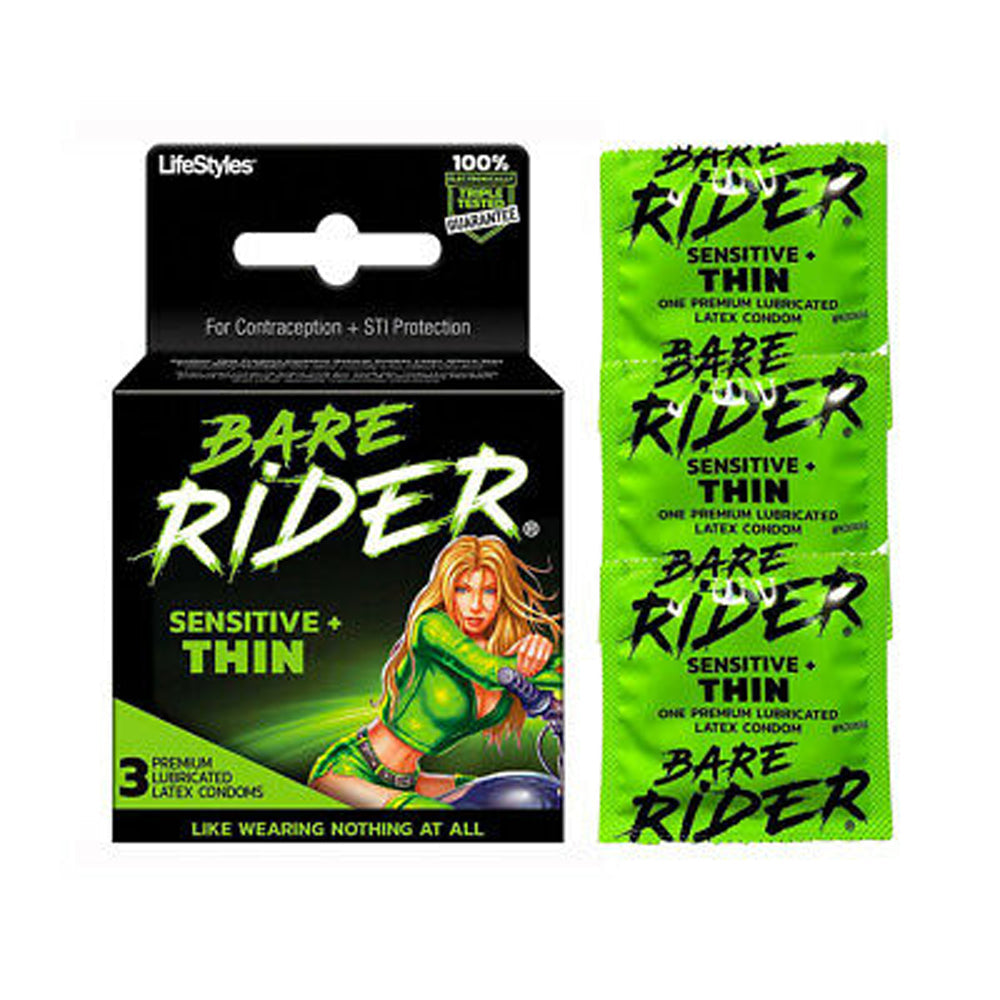 Bare Rider Thin Latex Condoms, 3-pack, with a woman on a motorcycle.