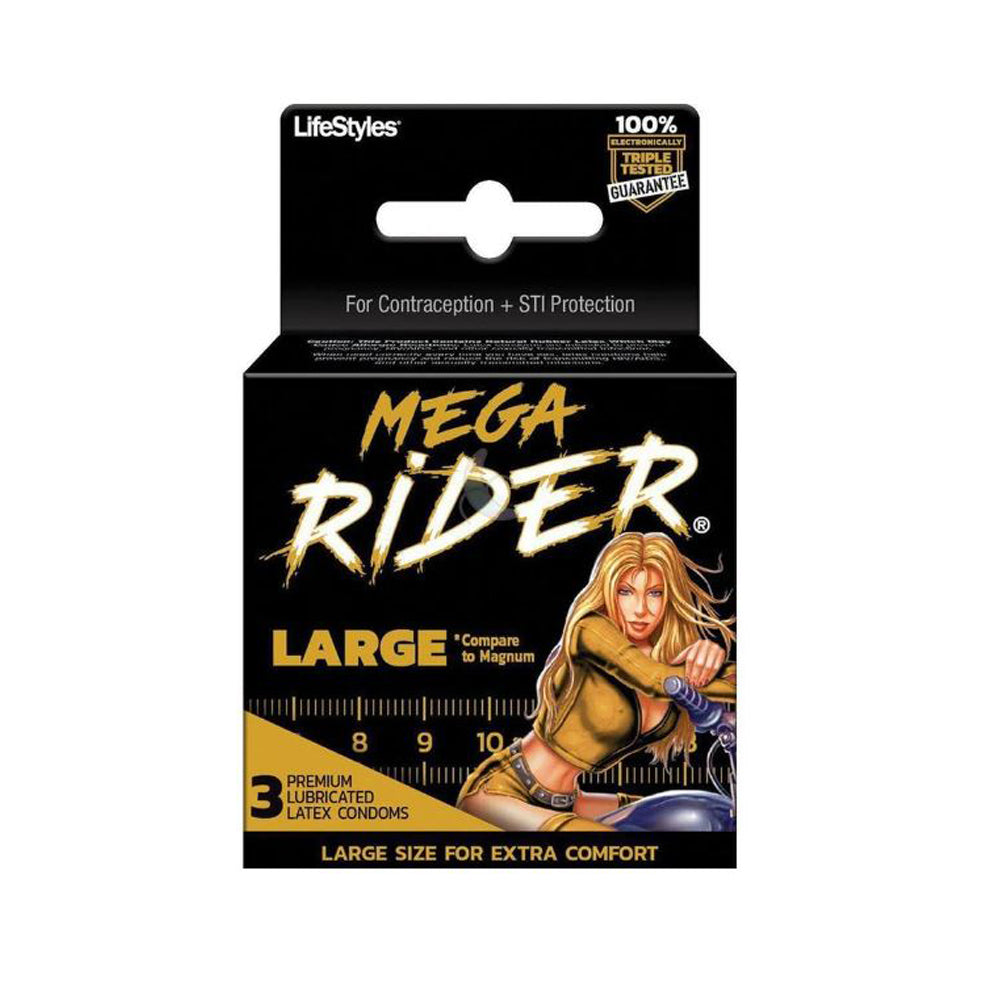 Lifestyles Mega Rider large lubricated latex condoms, 3 pack.