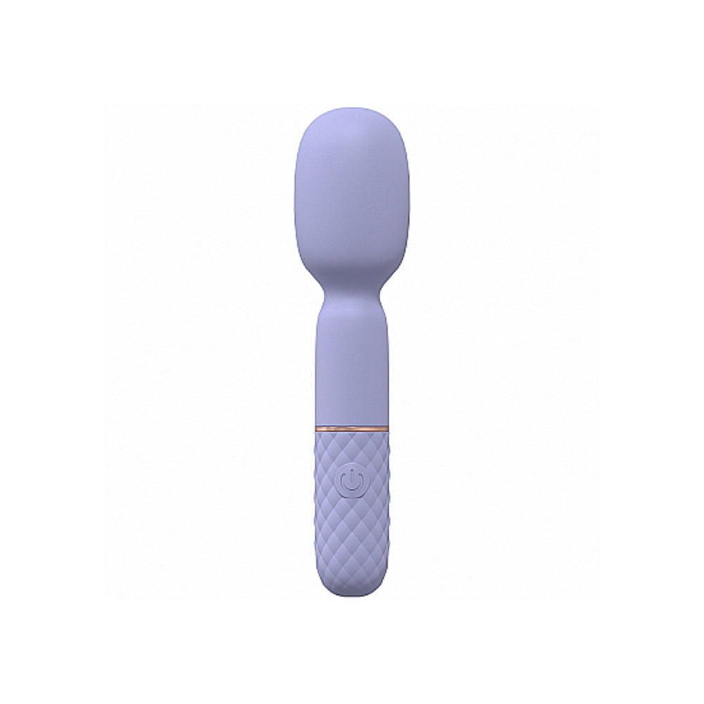 Lavender mini wand vibrator with textured handle and power button.