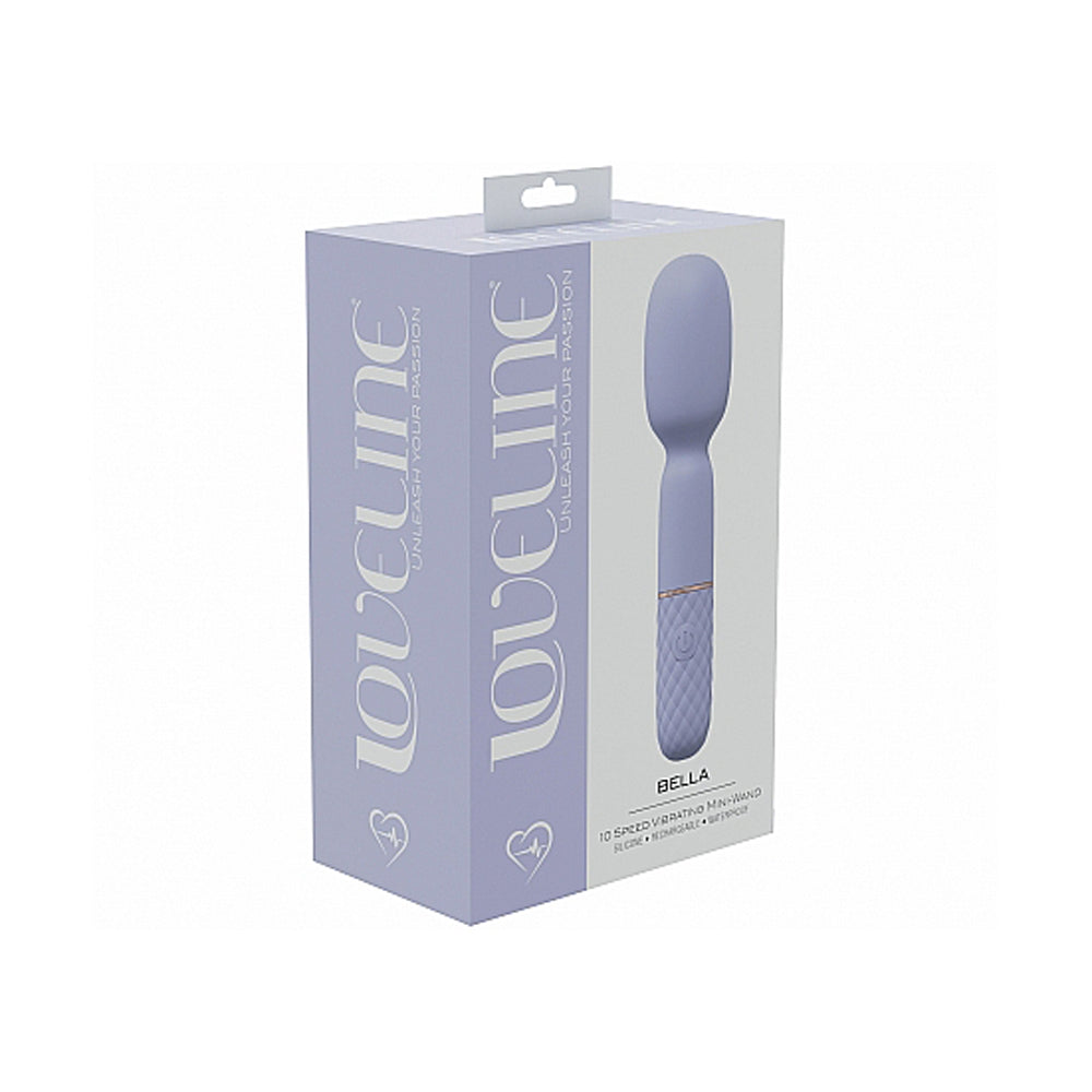 Lavender mini wand vibrator with 10 speeds on a box.