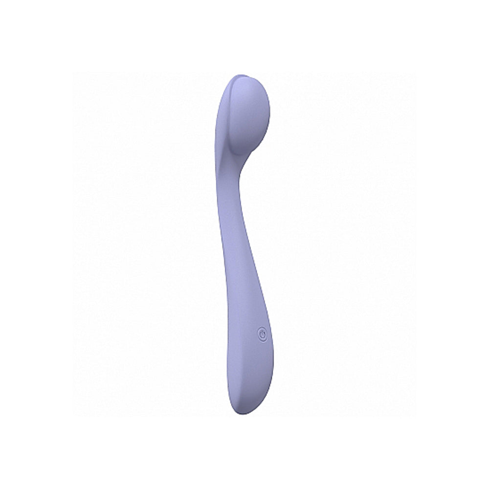 Lavender flexible silicone G-spot vibrator with a curved tip.