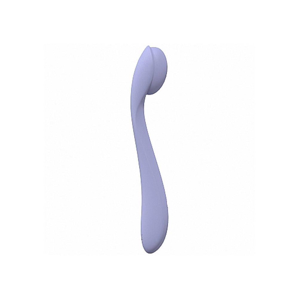 A lavender flexible silicone G-spot vibrator with a curved shape.