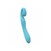 A curved blue silicone vibrator with textured rings and a power button.