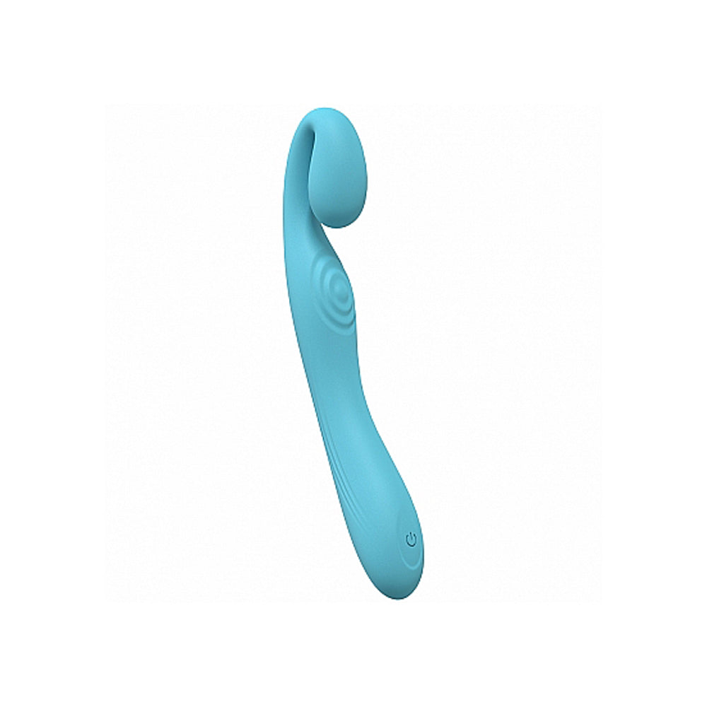 A curved blue silicone vibrator with textured rings and a power button.